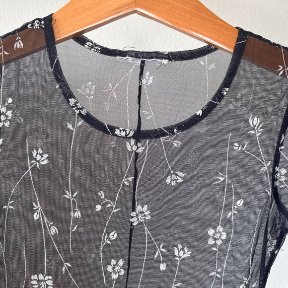 Sheer Floral Mesh Maxi Dress – Black White Overlay – XS/S – Y2K Grunge Layering - Picture 5 of 11